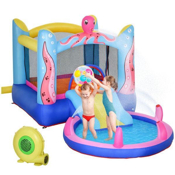 Castello gonfiabile gigante e rimbalzante per bambini 3-8 anni con scivolo, piscina e gonfiatore 3.6x1.75x1.8m - 
