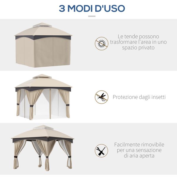 Gazebo da giardino 3x3m in acciaio con doppio tettuccio e tende, beige e grigio - 