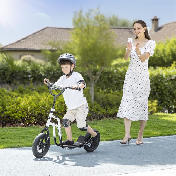 Monopattino per bambini 5-12 anni con freno, cavalletto e manubrio regolabile, 129x52x80-88 cm, bianco e nero - 
