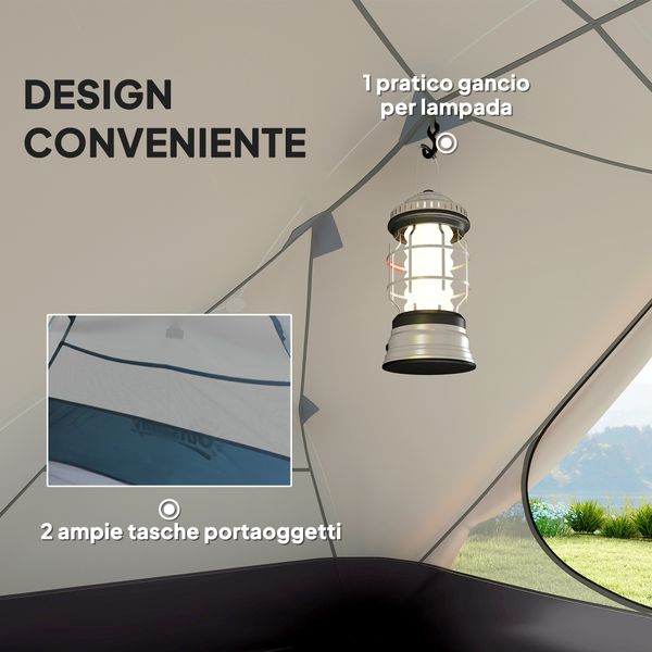 Tenda da campeggio 2 posti con 2 vestiboli, 2 porte, 2 finestre e borsa di trasporto, 2.8x2.25x1.1 cm, beige - 