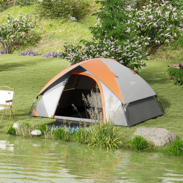 Tenda da campeggio 2 posti con finestra a rete e gancio, in poliestere, 210x150x110 cm, grigio e arancione - 