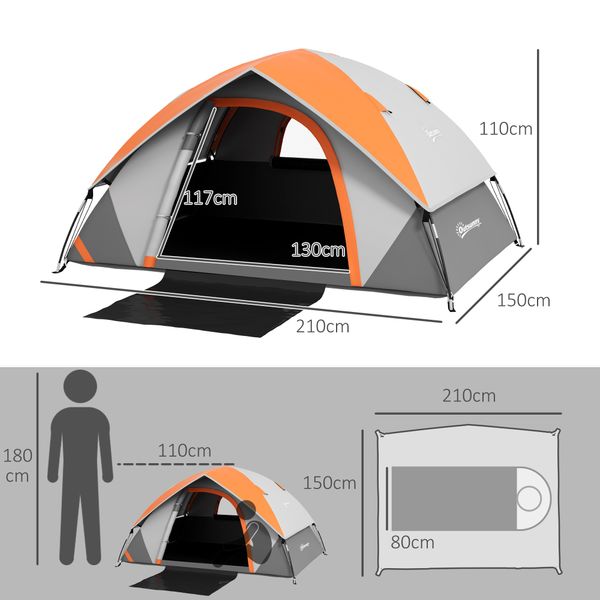 Tenda da campeggio 2 posti con finestra a rete e gancio, in poliestere, 210x150x110 cm, grigio e arancione - 