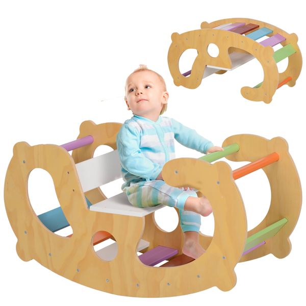 Gioco per bambini 2 in 1 arco montessoriano e sedia a dondolo per uso interno, in legno di pino, 91x41x48 cm - 