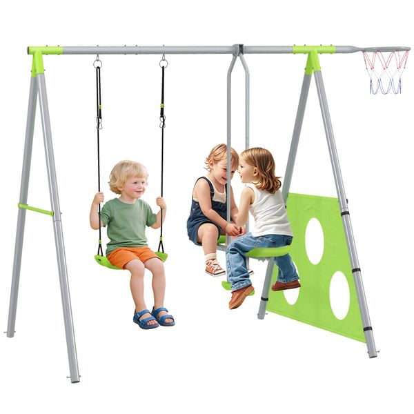 Gioco per bambini 4 in 1 con 2 altalene da giardino, canestro e porta da calcio, 215x180x182 cm, verde e grigio - 