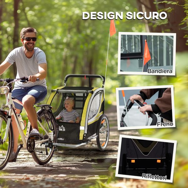 Rimorchio bici 2-in-1 per bimbi/passeggino con freno, cintura 5 punti, tasche, catarifrangenti, bandierina. giallo - 