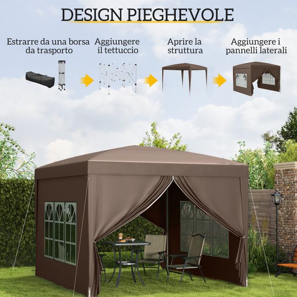 Gazebo da esterno 3x3 m pieghevole con 4 pannelli laterali, in acciaio e tessuto oxford color caffè - 