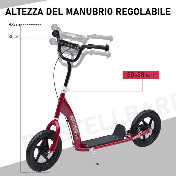 Monopattino per bambini 5-12 anni con freno posteriore e manubrio regolabile, 120x52x80-88 cm, rosso - 