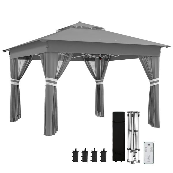 Gazebo da giardino ad altezza regolabile con luci led, in acciaio e tessuto oxford, 336x336x250-270 cm, grigio - 