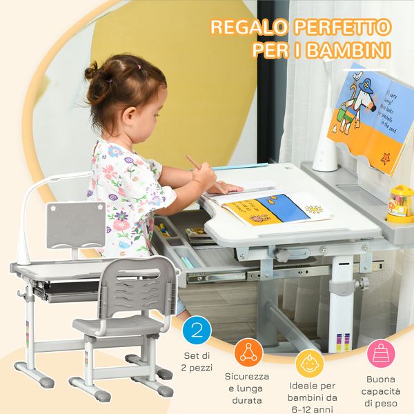 Banco scuola con sedia per bambini 6-12 anni con altezza e inclinazione regolabile, grigio - 