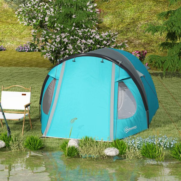 Tenda da campeggio 3 persone con camera e veranda, impermeabile 3000mm e borsa di trasporto, azzurro - 