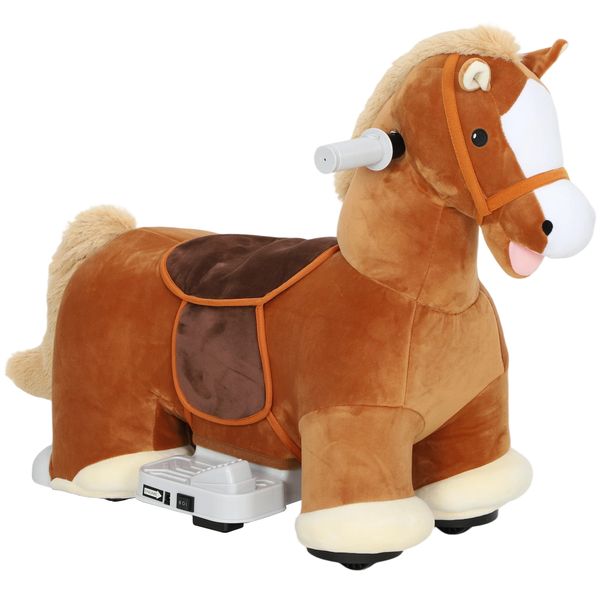 Cavallo elettrico per bambini con pedali, rotelle e suoni, in peluche e metallo, 74x34x51 cm, marrone - 