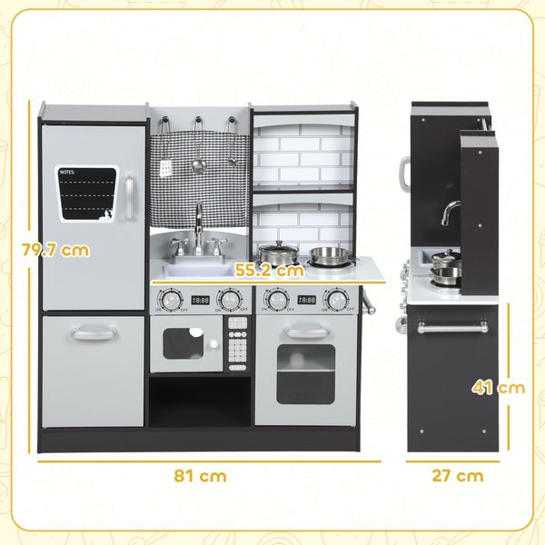 Cucina giocattolo per bambini 3-8 anni in legno con accessori, frigo, lavandino e manopole con suoni, marrone - 
