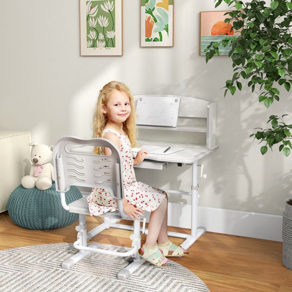 Set scrivania per bambini con sedia regolabile in altezza e piano inclinabile, età 6-12 anni, grigio - 