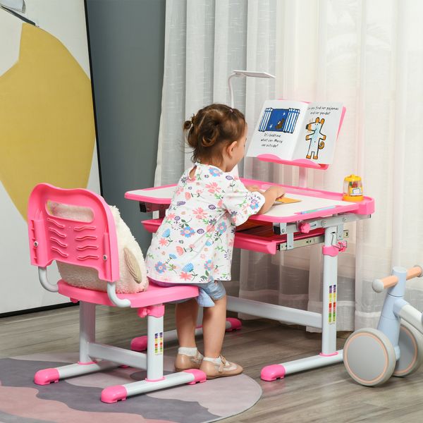 Banco scuola regolabile con sedia per bambini 6-12 anni, 70x49.5x80-105 cm, rosa - 