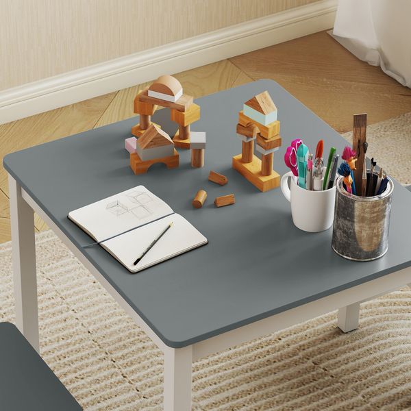 Set tavolo e sedie per bambini da 3-8 anni 3 pz in legno con bordi arrotondati, grigio e bianco - 