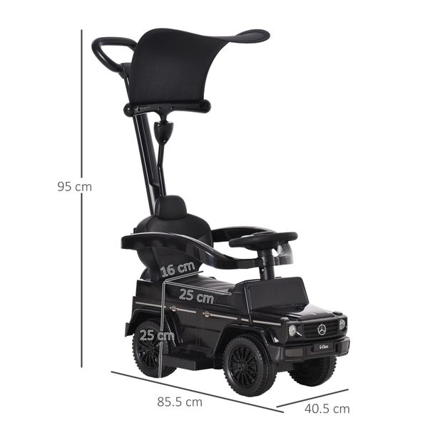 Macchina a spinta per bambini 12-36 mesi con licenza mercedes, tettuccio e maniglia di spinta, 85.5x40.5x95 cm, nero - 