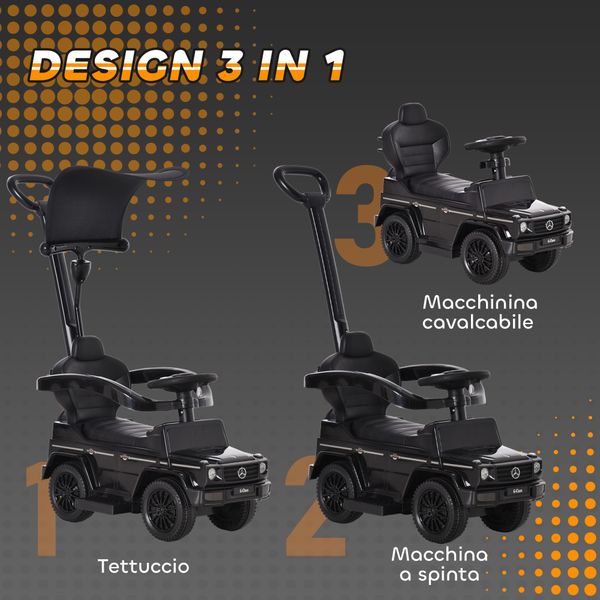 Macchina a spinta per bambini 12-36 mesi con licenza mercedes, tettuccio e maniglia di spinta, 85.5x40.5x95 cm, nero - 
