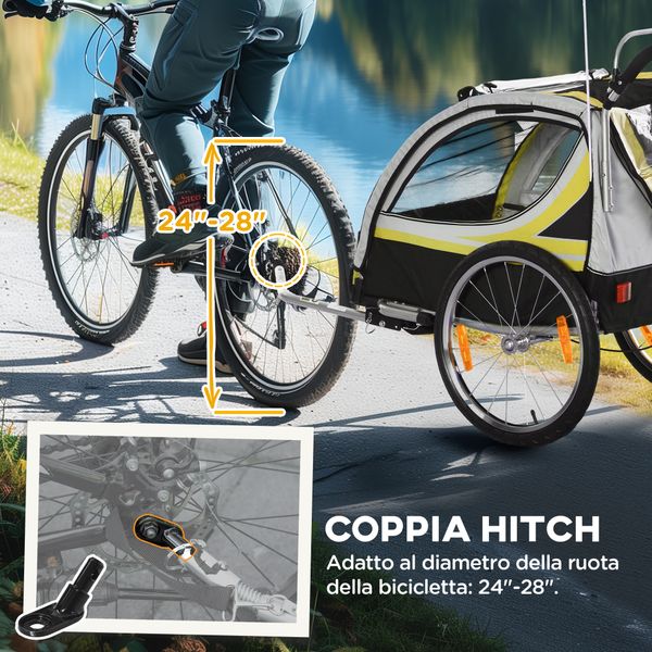 Rimorchio bici 2-in-1 per bimbi/passeggino con freno, cintura 5 punti, tasche, catarifrangenti, bandierina. giallo - 