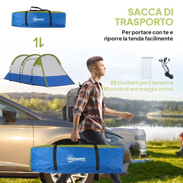 Tenda da campeggio impermeabile con 2 aree e 3 ingressi, in poliestere e fibra di vetro, 420x200x150 cm, verde - 