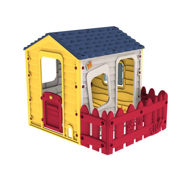 Casetta da giardino per bambini con staccionata, porta e finestre apribili - 146x118,5x127cm - SUN&SPORT