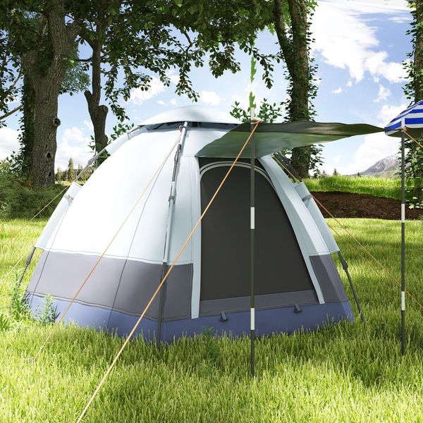 Tenda da campeggio 2 posti con apertura automatica e accessori, in acciaio e tessuto oxford, grigia e nera - 