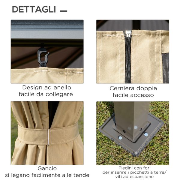 Gazebo da giardino 3x3m con tetto in policarbonato e zanzariere, caffè e khaki - 