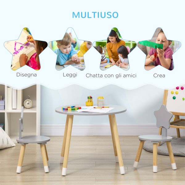 Set tavolo con 2 sedie per bambini in legno, età da 18 mesi a 4 anni, grigio - 