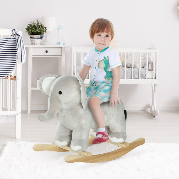 Cavallo a dondolo per bambini 2-4 anni a forma di elefante con suoni e rivestimento morbido, grigio - 