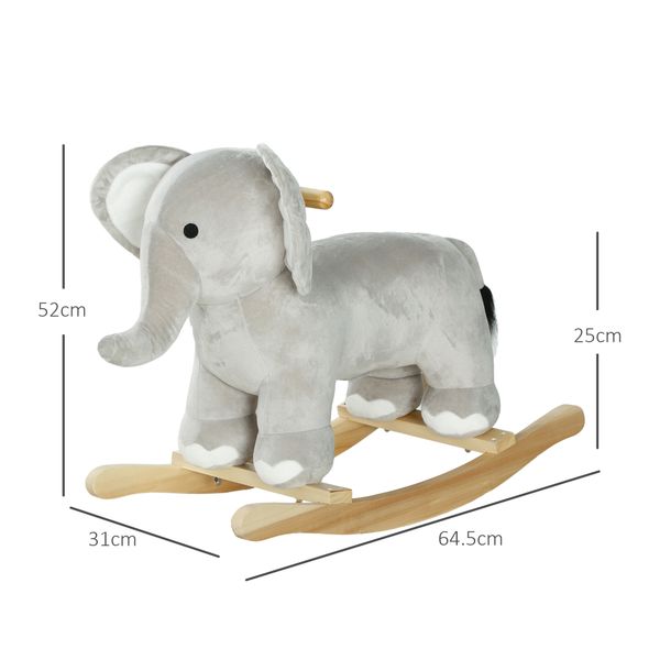 Cavallo a dondolo per bambini 2-4 anni a forma di elefante con suoni e rivestimento morbido, grigio - 