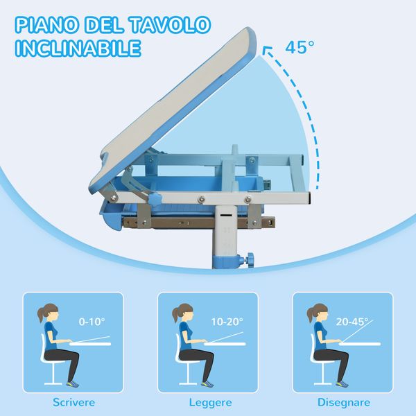 Banco scuola per bambini 6-12 anni con sedia regolabile, cassetto e piano inclinabile, 66x47x52-77 cm, blu - 