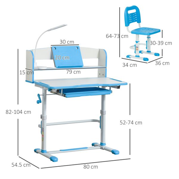 Banco scuola per bambini 6-12 anni regolabile con luce led, leggio e portapenne, in mdf, pp e acciaio, azzurro - 