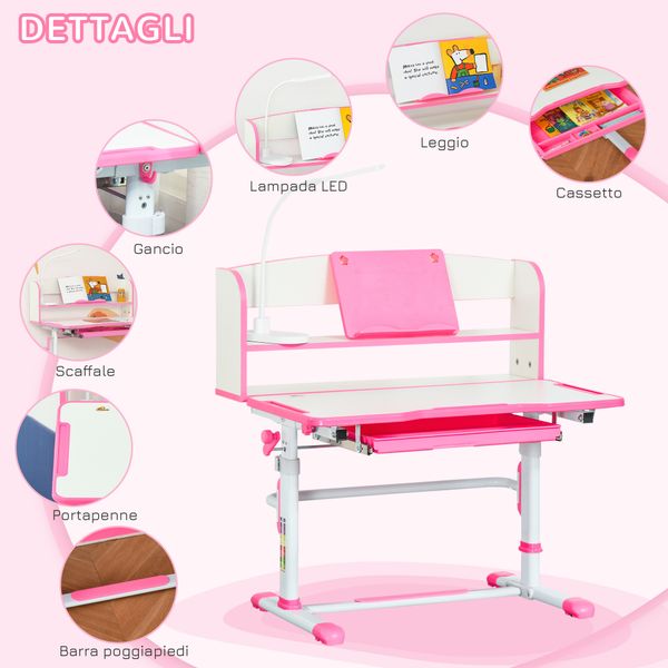 Banco scuola per bambini 6-12 anni regolabile con luce led, leggio e portapenne, in mdf, pp e acciaio, rosa - 