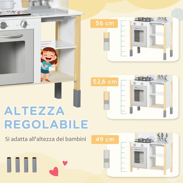 Cucina giocattolo per bambini con altezza regolabile, suoni, luci e utensili, in mdf e pp, 60x30.5x93.2 cm - 
