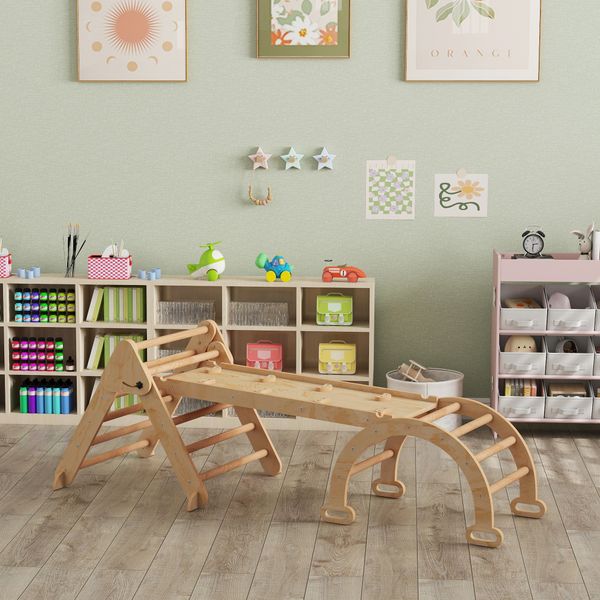 Gioco per bambini 5 in 1 con triangolo, parete liscia e arco, in legno di pioppo e pino, 188x70x59 cm - 