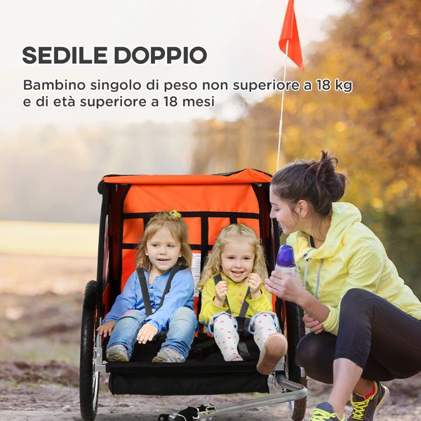 Rimorchio bici bambini con 2 posti, 2 cinture di sicurezza, telaio in acciaio e copertura in tessuto oxford arancione - 