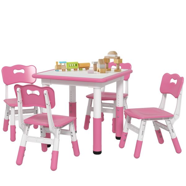 Set tavolo e sedie per bambini 5pz con 4 sedie regolabili 32x36x52.5-56 cm e tavolo 60x60x46-58 cm, rosa - 