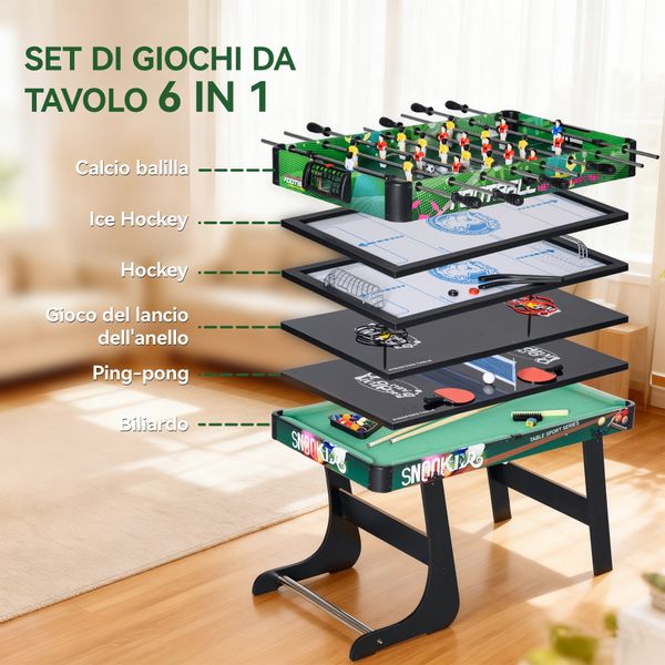 Tavolo da gioco 6 in 1 con calcio balilla, biliardo, air hockey, ping pong, anelli e hockey su prato, 118x104x71 cm - 