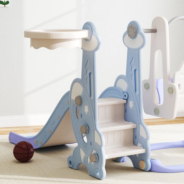 Gioco per bambini 4 in 1 con scivolo, altalena, arrampicata e canestro, 147.5x160x107 cm, azzurro chiaro - 