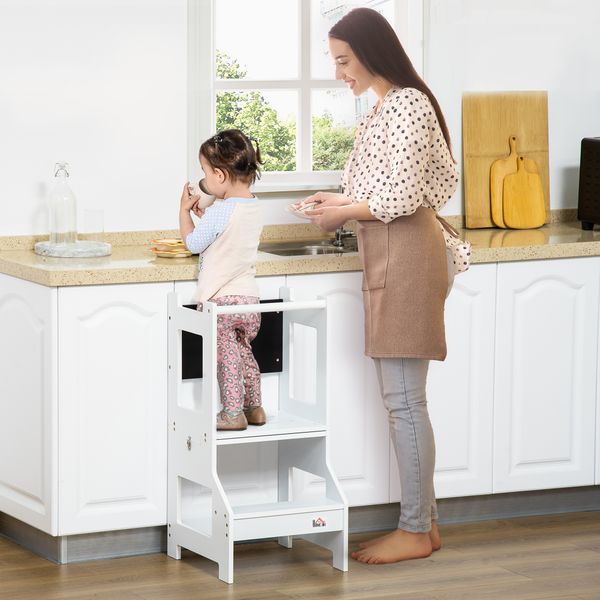 Scala montessori 2 in 1 in mdf staccabile, con sgabello, lavagna inclusi, per bambini 3-6 anni, bianco - 