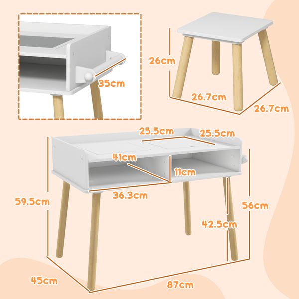 Set tavolino per bambini con sgabello, banchetto con piano reversibile e rotolo di carta, bianco - 