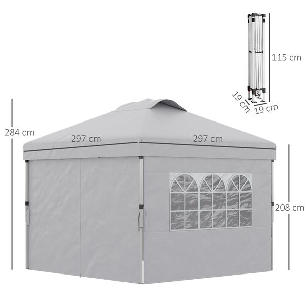 Gazebo pieghevole 3x3 m con altezza regolabile su 3 livelli, finestre e borsa di trasporto, grigio chiaro - 
