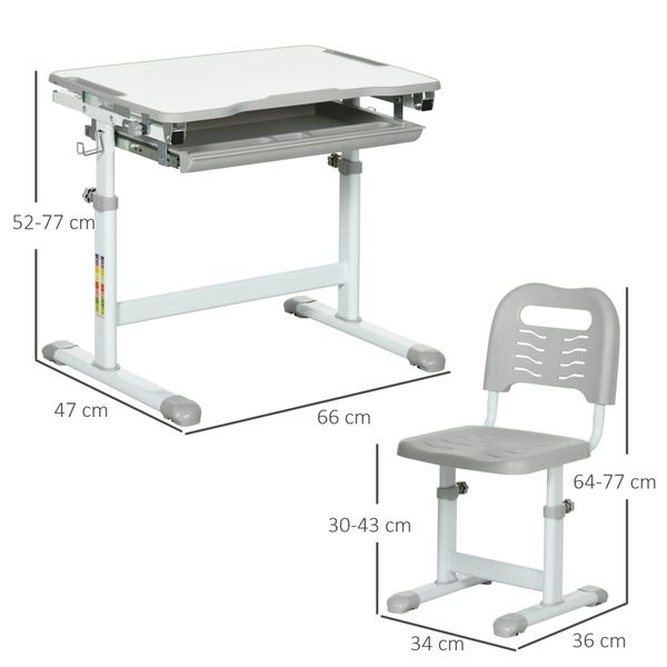 Banco scuola per bambini 6-12 anni con sedia e altezza regolabile, piano inclinabile, 66x47x52-77 cm, grigio - 