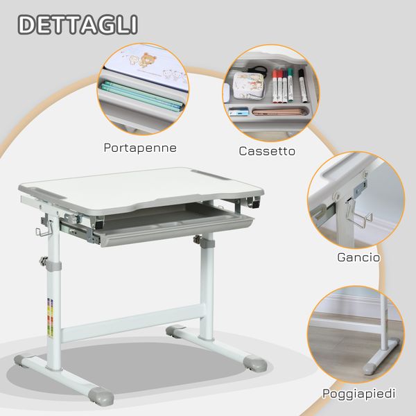Banco scuola per bambini 6-12 anni con sedia e altezza regolabile, piano inclinabile, 66x47x52-77 cm, grigio - 