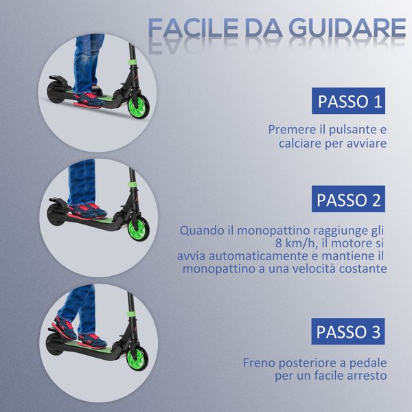 Monopattino elettrico pieghevole per bambini 6+ anni ad altezza regolabile, 71x36.5x75-80 cm, nero e verde - 
