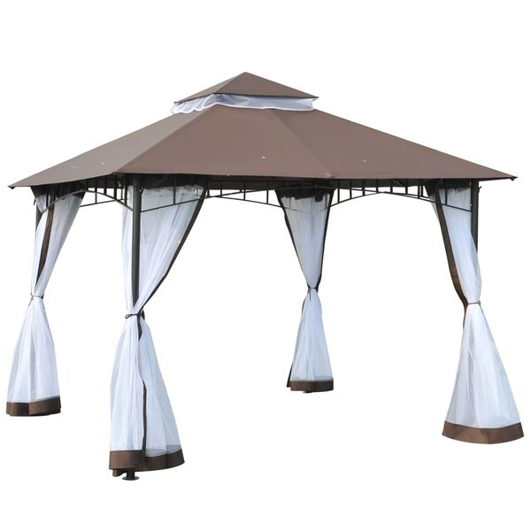 Gazebo da giardino 3x3m con zanzariera, tetto a 2 livelli e struttura in metallo marrone - 