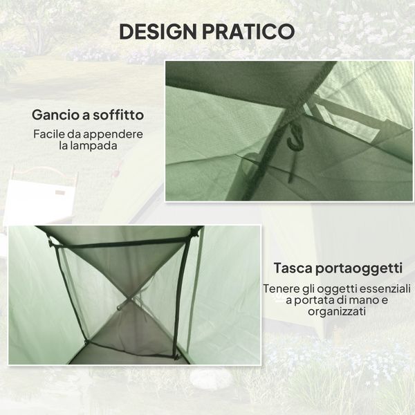 Tenda da campeggio per 3 persone impermeabile con tasca, gancio per lanterna e borsa, 2x2x1.35m, verde - 