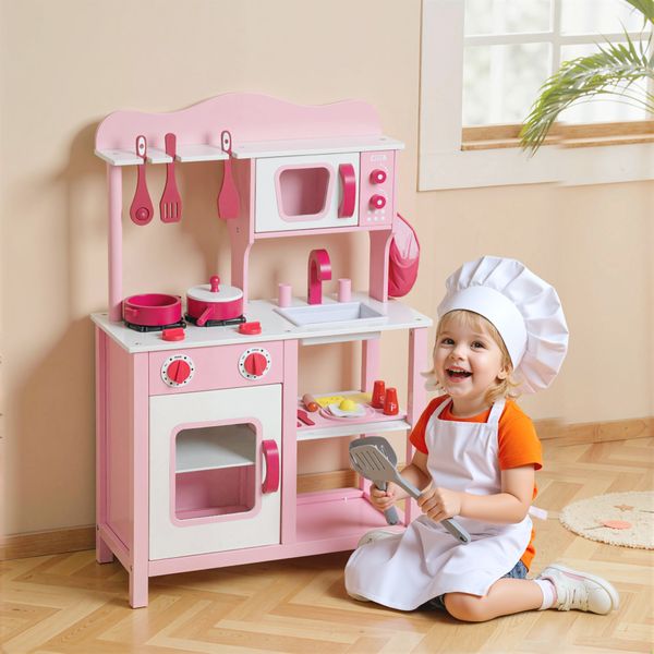 Cucina giocattolo per bambini 3+ anni con microonde, piano cottura e lavandino, in legno, 55x24x86 cm, rosa - 