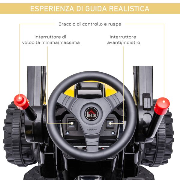 Ruspa giocattolo elettrica per bambini 3-5 anni con pala regolabile, suoni e luci – 2 velocità, retromarcia e cintura di sicurezza - 