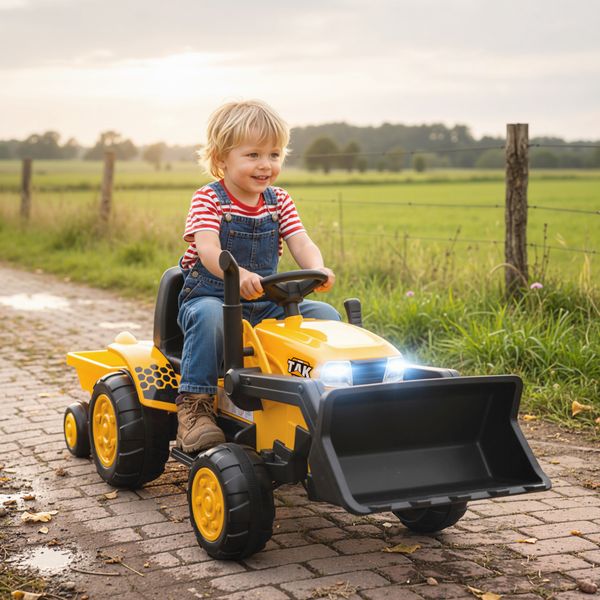 Escavatore per bambini elettrico 12v con benna, rimorchio e telecomando, età 3-8 anni, giallo - 