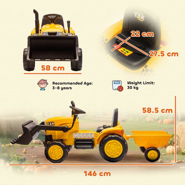 Escavatore per bambini elettrico 12v con benna, rimorchio e telecomando, età 3-8 anni, giallo - 